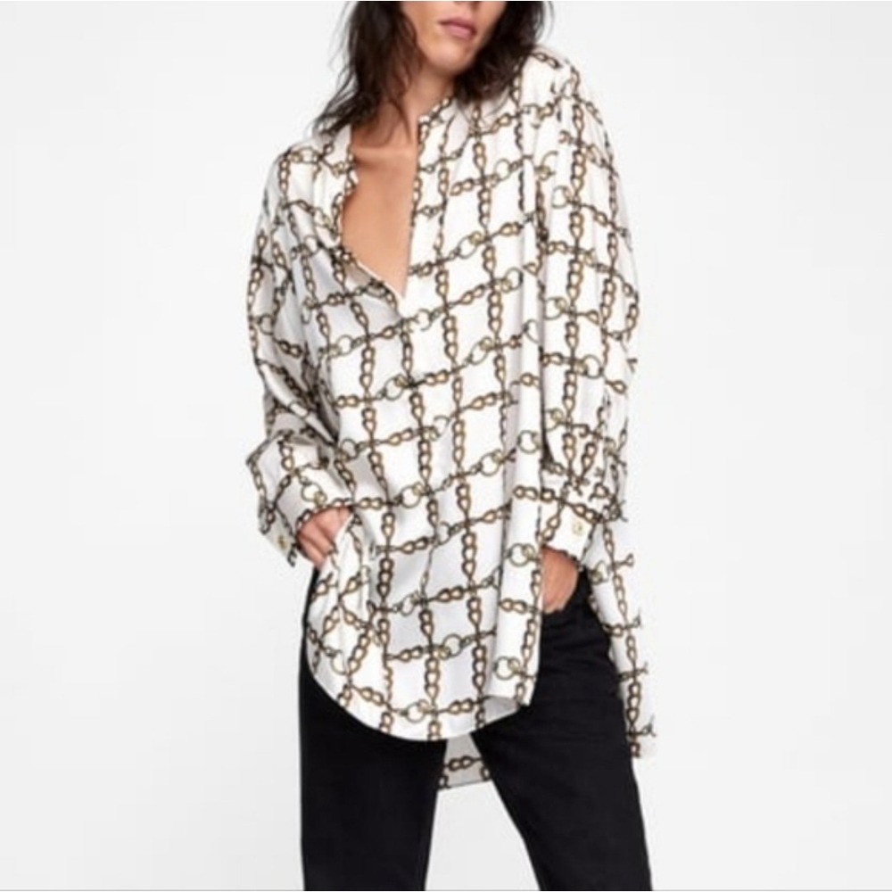 Zara Woman Chain Print Long Sleeve Button Down Blouse Tunic Size Sm Gold White